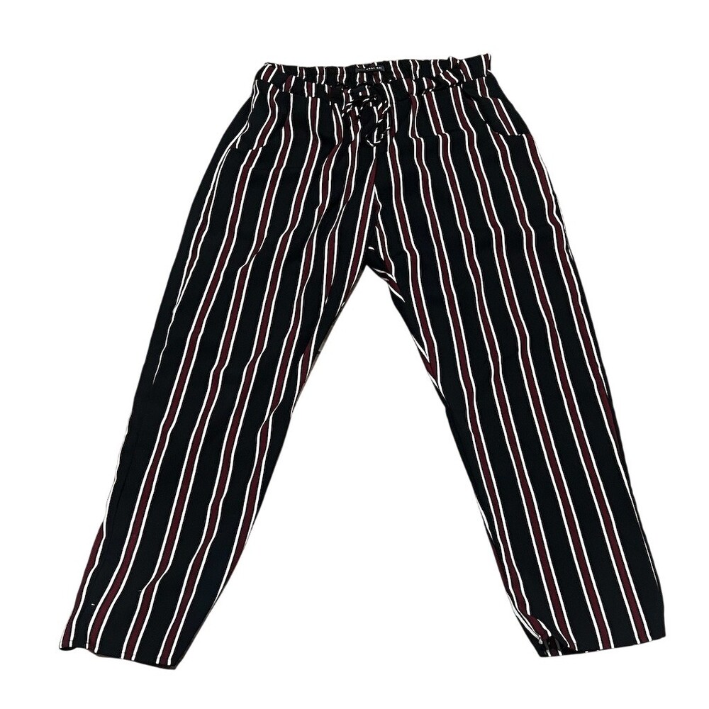 west kei Pants Womens Size large Black Burgundy White Striped Jogger Casual